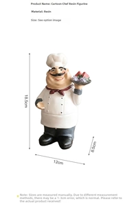 Detailed view of resin chef figurine holding a watermelon tray with size measurements