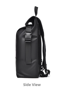Side view of black roll-top backpack showing waterproof fabric and adjustable side straps
