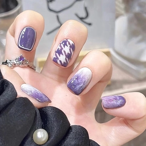 Purple White Marble Press On Nails Checkerboard Houndstooth Short Square Round Artificial False Nails Elegant DIY Manicure