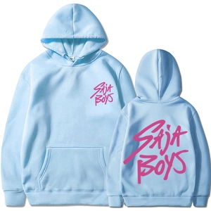 Vue avant et arrière du sweat à capuche Saja Boys bleu clair avec imprimé rose