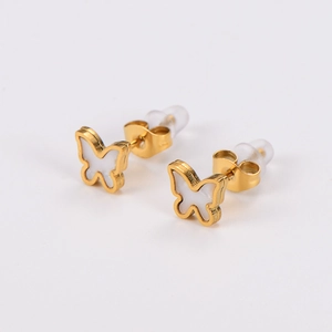 Detailed close-up of golden butterfly stud earrings with white mother-of-pearl inlay