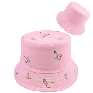 Pink reversible bucket hat with colorful butterfly embroidery and wide sun protection brim