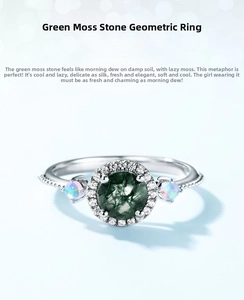 Close-up of S925 silver ring featuring moss agate center stone and opal accents