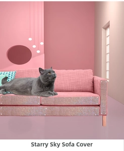 Detail of glitter cat scratch protector film applied on a pink fabric sofa edge