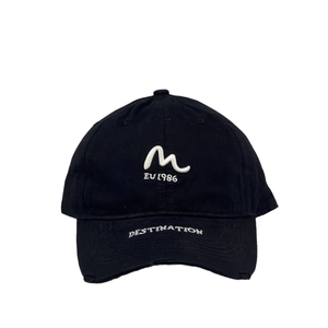 Retro black baseball cap with distressed details and M letter embroidery on white background