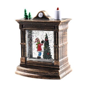 Vintage bronze Christmas fireplace clock snow globe with Santa and glowing candle light