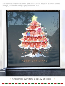 Detail of red Christmas tree static window sticker with festive Merry Christmas lettering