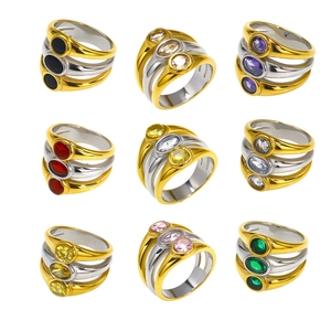 Three-layer stainless steel ring set with oval zircon crystals in nine vibrant colors
