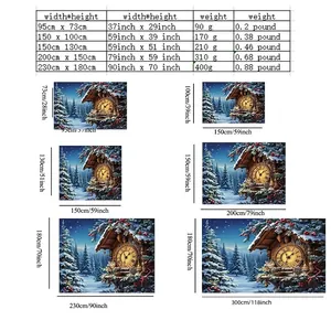 Christmas tapestry size chart showing five dimensions from 95x73cm to 230x180cm with weights