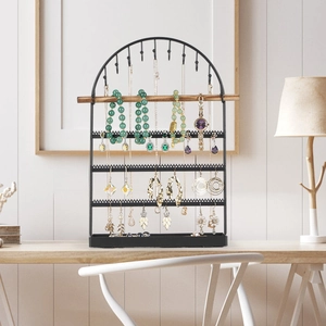 5-tier arch jewelry organizer with wood bar and black metal earring storage stand