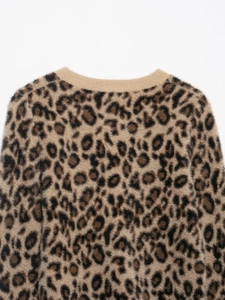 Close-up of leopard print knit sweater texture with soft faux fur mohair effect
