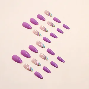 Almond press-on nails with purple solids, heart patterns, and colorful wave designs