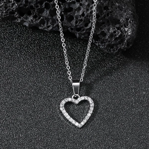 Heart Pendant Necklace Alloy Pavé Rhinestone Hollow Jewelry Trendy Silver Tone Minimalist O-Chain For Women Men Unisex