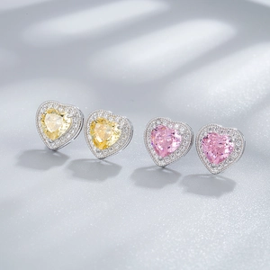 Parure de bijoux cœur en argent S925 avec diamants jaunes et roses étincelants