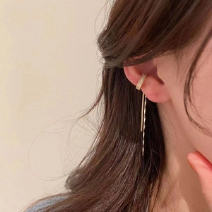 Long Tassel Ear Cuff C-Shaped Dangle Earrings Alloy Zircon Gold Silver Plated Non-Pierced Minimalist Jewelry For Women