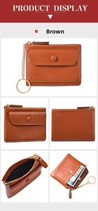 Detailed views of brown leather mini wallet showing coin pocket and keychain hook