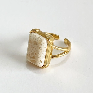 Vintage 925 sterling silver gold ring with rectangular marble stone and adjustable band