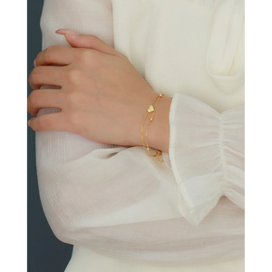Double-layered gold s925 silver heart bracelet with small golden beads for women