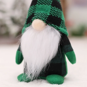 Nordic Christmas gnome with green black plaid hat and plush white beard festive decor