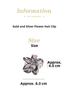 Close-up of a silver flower hair claw clip with dimensions 8.0cm width and 4.0cm height