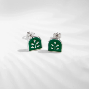 S925 sterling silver earrings with green enamel plant badge and leaf vein design