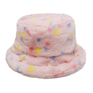 Pink faux rabbit fur bucket hat with colorful dots and thick warm plush texture for winter