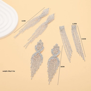 Three silver rhinestone tassel drop earrings with specific length and weight measurements