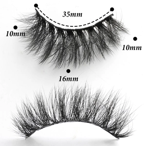 Detailed lash dimensions showing 35mm band length and 16mm center length for glue-free lashes