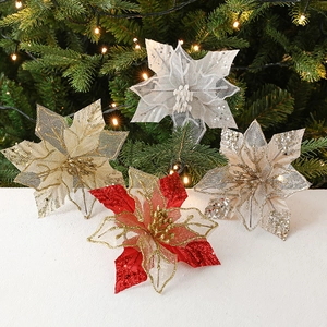 Artificial Christmas Poinsettia Flowers Glitter Mesh Hollow Design For Tree Ornament Wreath DIY Holiday Home Decoration