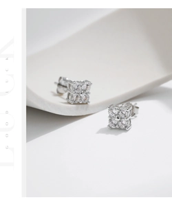 Detailed view of S925 silver square cluster stud earrings with four-prong set moissanite