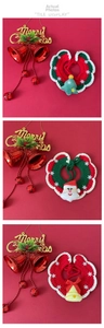 Detailed close-up of three crochet pet Christmas collars with Santa and tree patterns