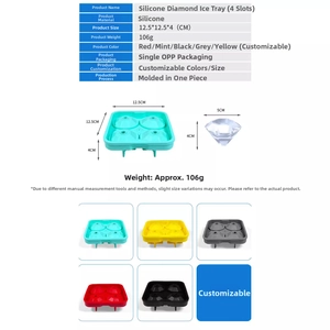 Detail view of silicone diamond ice mold with 12.5x12.5x4cm dimensions and multiple colors