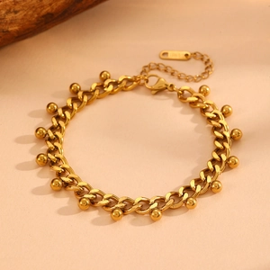 Golden stainless steel Cuban chain anklet with small bead charms and extension chain