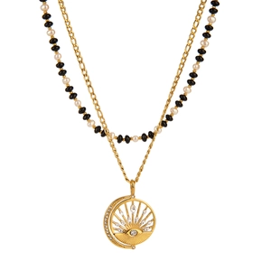 Double Layer Stainless Steel Necklace Women Vintage Evil Eye Sun Pendant Imitation Artificial Pearl Beaded Bohemian Stacking Jewelry