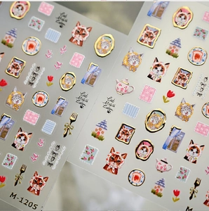 Detailed view of M-1205 cute cat nail art stickers with gold foil embossed edges