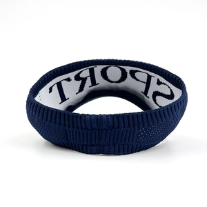 Navy blue breathable knitted sport headband with white lining and sport logo print