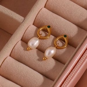 Gold stainless steel hoop earrings with freshwater pearls and green zircon accents