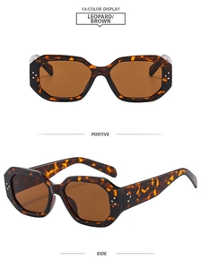 Front and side macro views of modern leopard print sunglasses with brown lenses