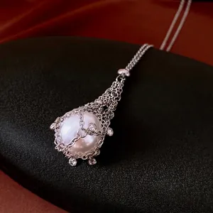 Elegant zircon mesh pearl necklace with a white round pendant on a fine silver chain