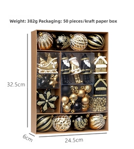 50-piece black and gold Christmas ornaments set with baubles and stars in a box