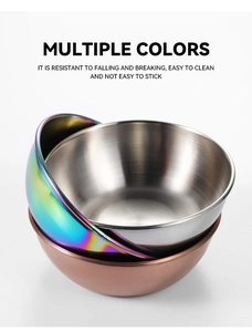 Three stacked stainless steel sauce dishes in silver, rainbow, and rose gold finish