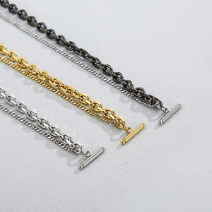 Double-layer stainless steel O-chain necklaces in gold, silver, and black with OT clasp