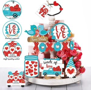 Detail showing 12pcs Valentine tiered tray wood decor with UV print and rustic finish