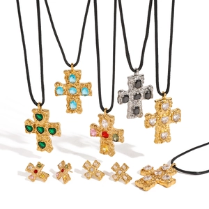 Stainless Steel Cross Pendant Necklace With Zircon And Natural Stone Waterproof Hypoallergenic Elegant Jewelry For Women