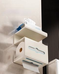 Wall-mounted cream tissue box with top storage shelf and multi-directional paper outlet