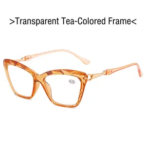 Detail der transparenten Tee-Lesebrille in Katzenaugenform mit +4.00 Gläsern und Goldakzenten