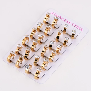Detailed set of twelve pairs of golden stainless steel earrings with clear zircon stones