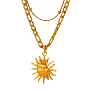 Layered 18K gold-plated stainless steel sun god pendant necklace with chunky Cuban chain
