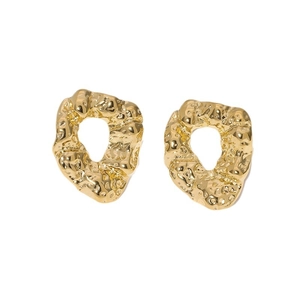 Irregular hammered 18K gold plated stainless steel oval earrings with molten lava texture