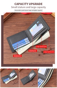 Internal view of men's short leather wallet showing multiple card slots and cash compartments
